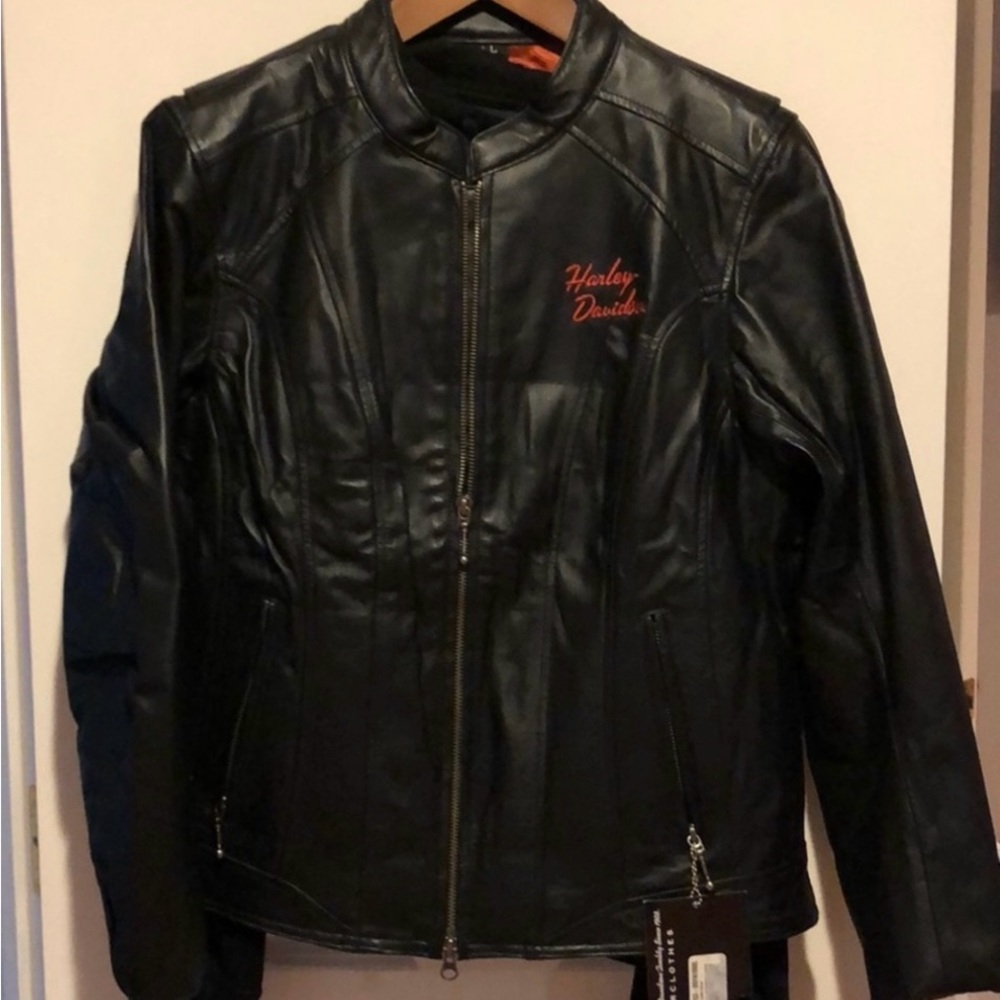 Harley-Davidson Black and Orange Ladies Leather Biker Jacket